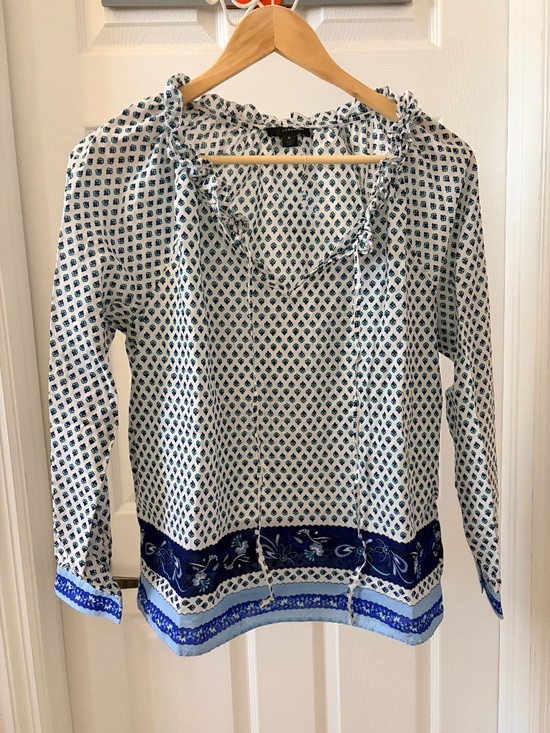 J. Crew Tops - J Crew Women's Blue & White Boho Peasant with Ruffle Tie Neck